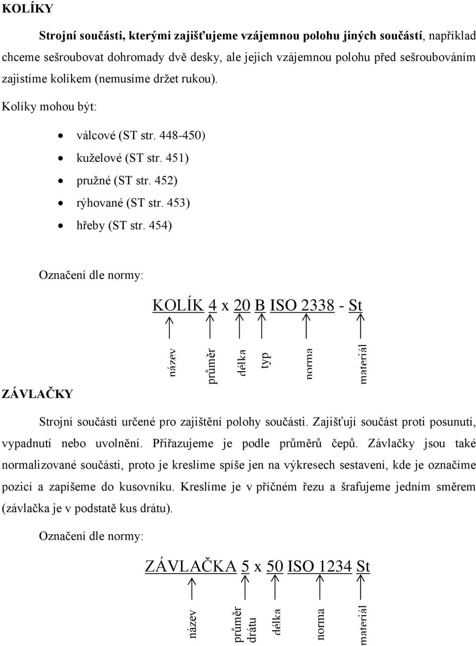 453) hřeby (ST str. 454) KOLÍK 4 x 20 B ISO 2338 - St ZÁVLAČKY Strojní součásti určené pro zajištění polohy součásti. Zajišťují součást proti posunutí, vypadnutí nebo uvolnění.