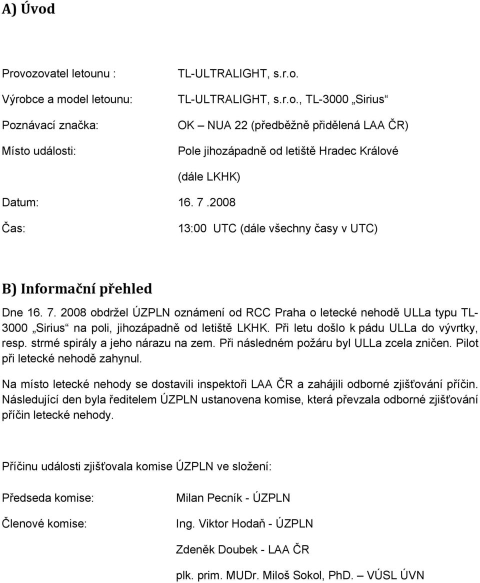 2008 obdržel ÚZPLN oznámení od RCC Praha o letecké nehodě ULLa typu TL- 3000 Sirius na poli, jihozápadně od letiště LKHK. Při letu došlo k pádu ULLa do vývrtky, resp.