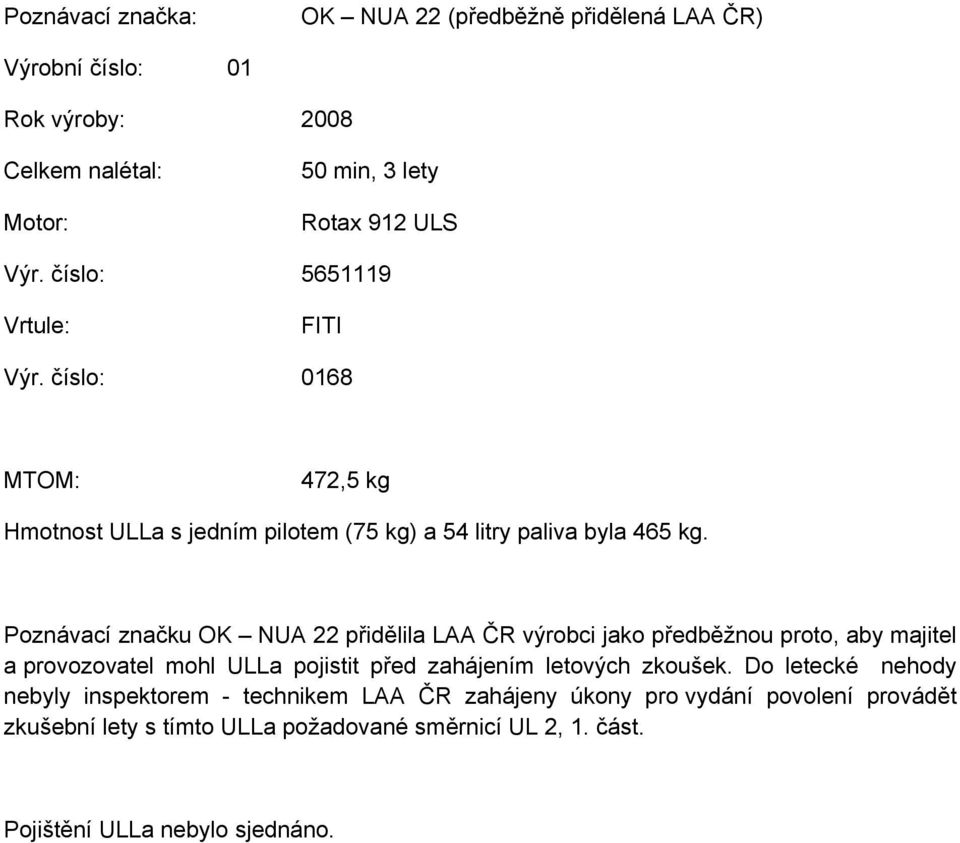 Poznávací značku OK NUA 22 přidělila LAA ČR výrobci jako předběžnou proto, aby majitel a provozovatel mohl ULLa pojistit před zahájením letových zkoušek.