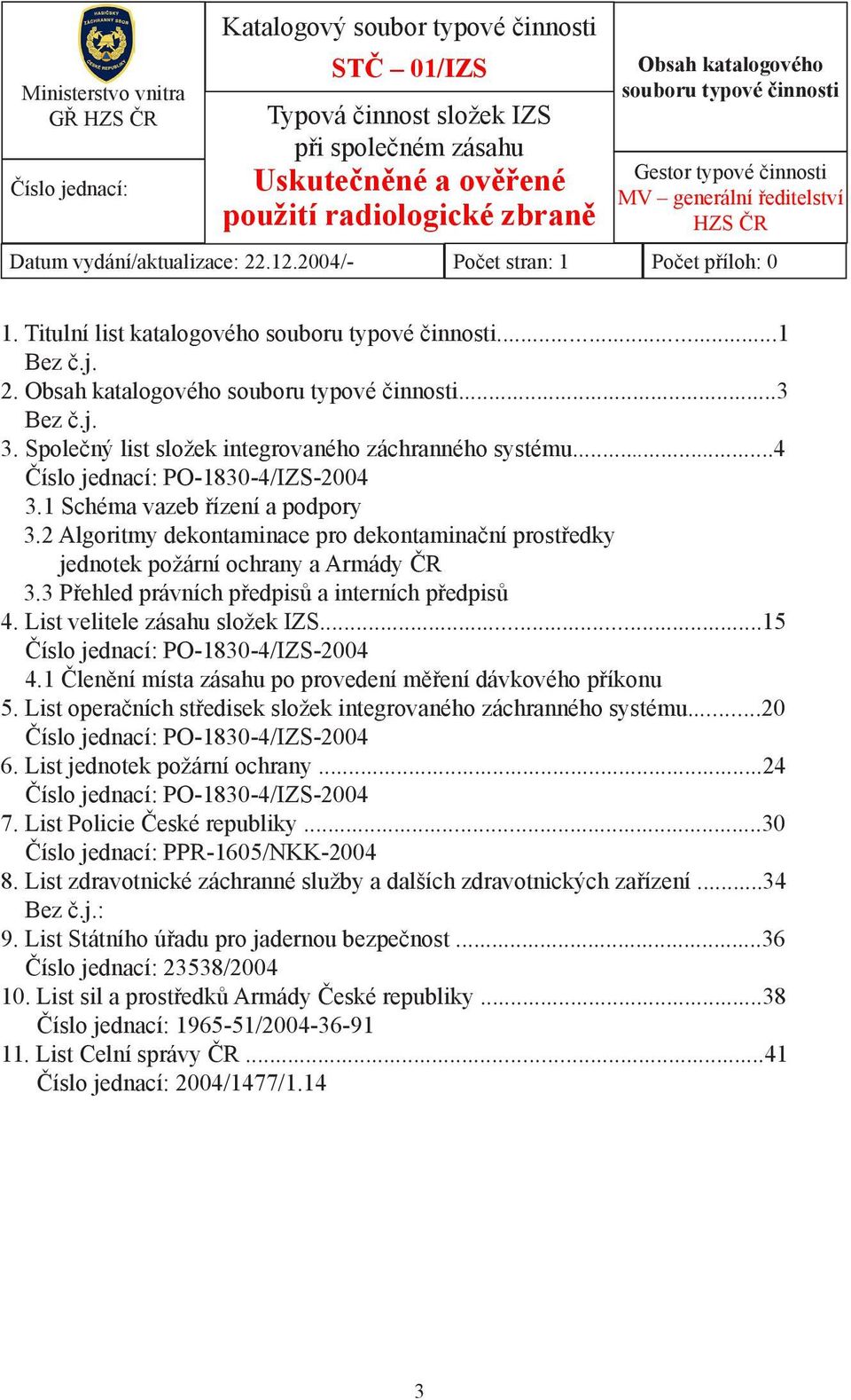 Titulní list katalogového souboru typové činnosti...1 Bez č.j. 2. Obsah katalogového souboru typové činnosti...3 Bez č.j. 3. Společný list složek integrovaného záchranného systému.