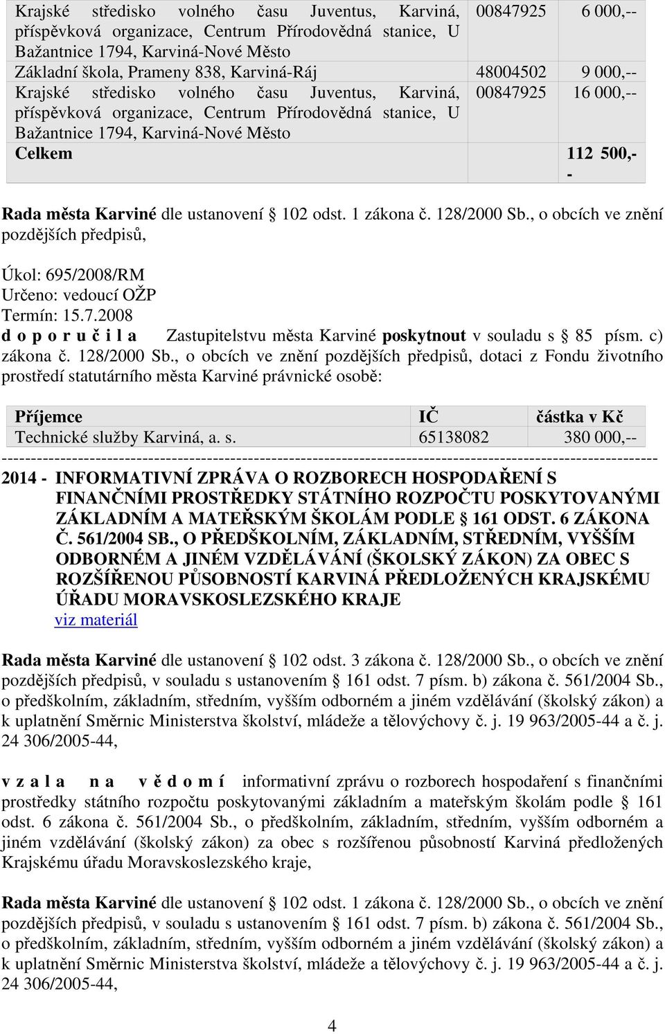 112 500,- - Rada města Karviné dle ustanovení 102 odst. 1 zákona č. 128/2000 Sb., o obcích ve znění pozdějších předpisů, Úkol: 695/2008/RM Určeno: vedoucí OŽP Termín: 15.7.