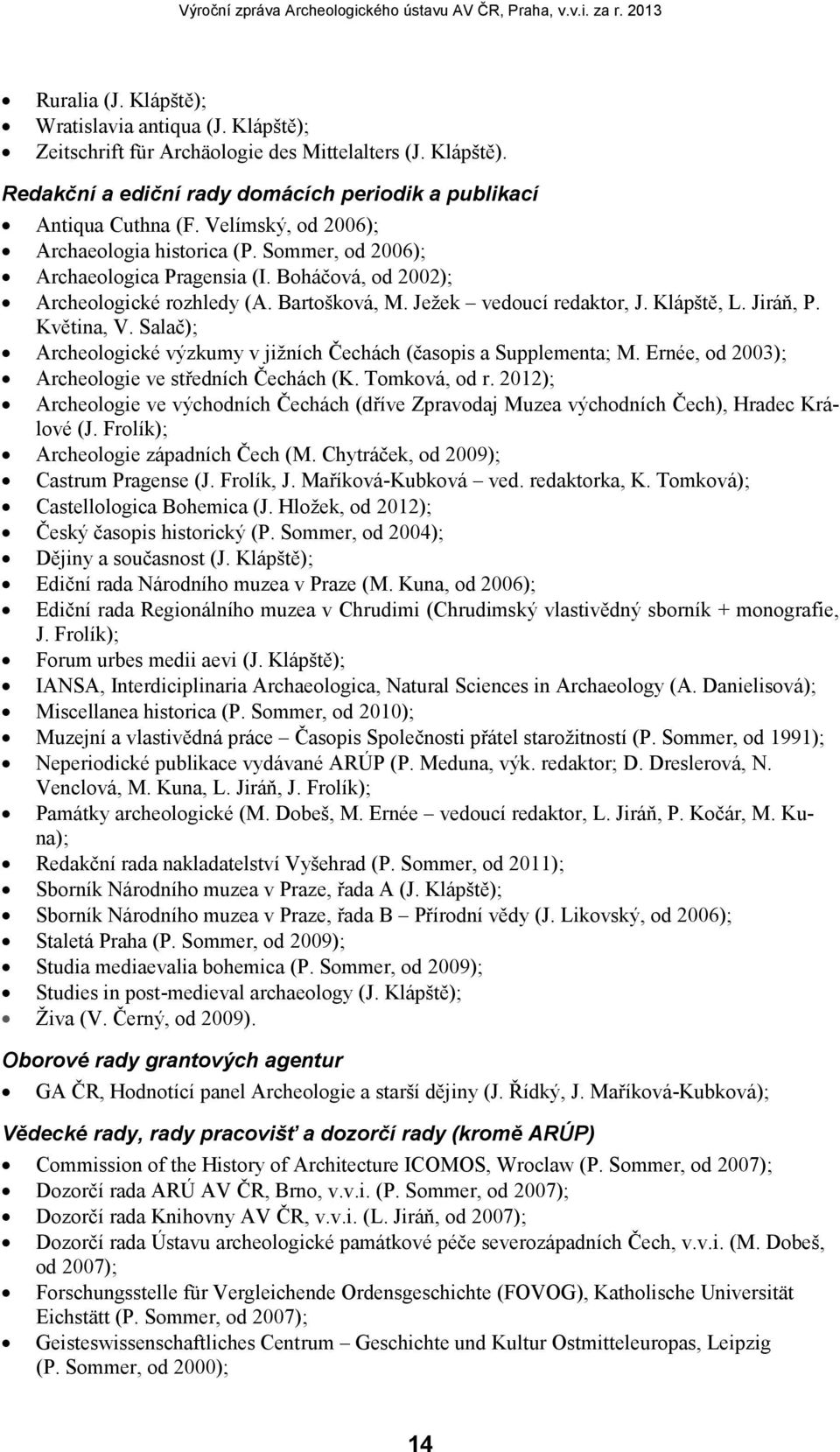 Jiráň, P. Květina, V. Salač); Archeologické výzkumy v jižních Čechách (časopis a Supplementa; M. Ernée, od 2003); Archeologie ve středních Čechách (K. Tomková, od r.