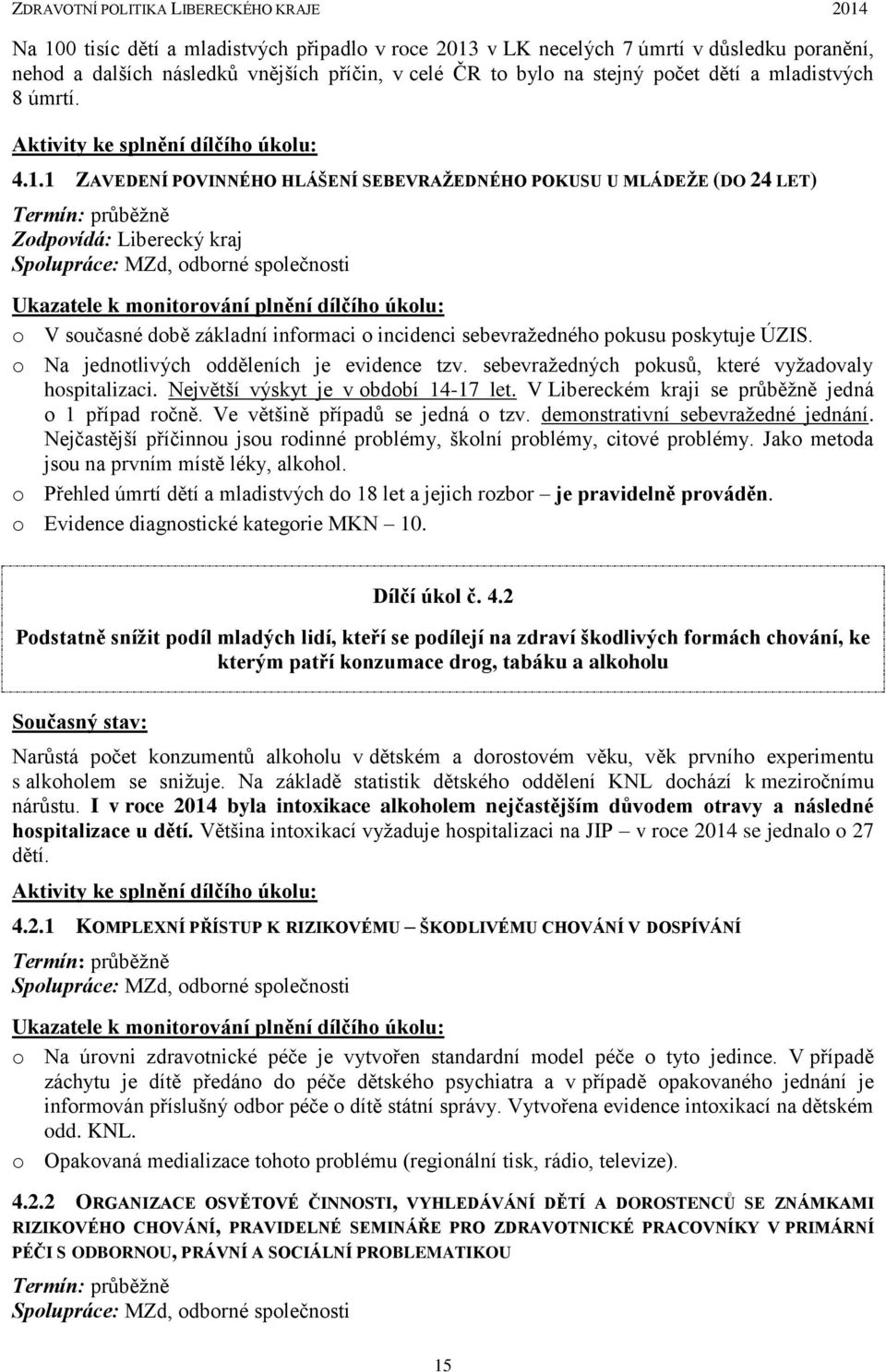 1 ZAVEDENÍ POVINNÉHO HLÁŠENÍ SEBEVRAŽEDNÉHO POKUSU U MLÁDEŽE (DO 24 LET) Termín: průběžně Zodpovídá: Liberecký kraj Spolupráce: MZd, odborné společnosti Ukazatele k monitorování plnění dílčího úkolu: