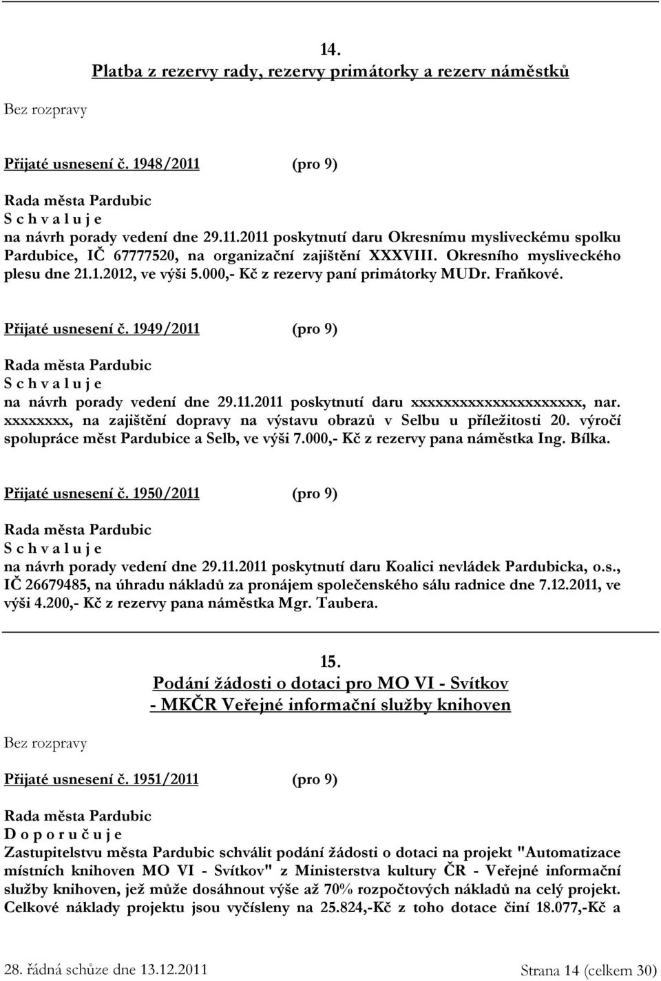 000,- Kč z rezervy paní primátorky MUDr. Fraňkové. Přijaté usnesení č. 1949/2011 (pro 9) na návrh porady vedení dne 29.11.2011 poskytnutí daru xxxxxxxxxxxxxxxxxxxxx, nar.