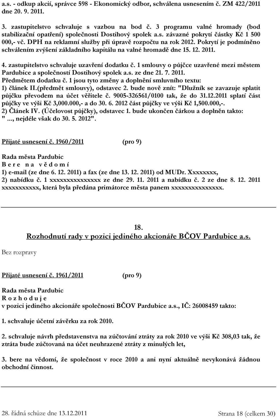 Pokrytí je podmíněno schválením zvýšení základního kapitálu na valné hromadě dne 15. 12. 2011. 4. zastupitelstvo schvaluje uzavření dodatku č.