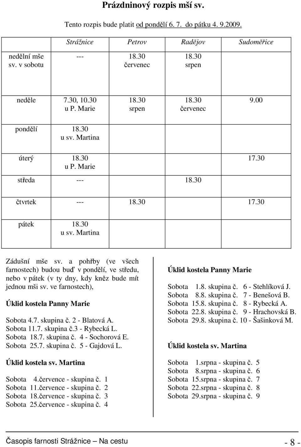 a pohřby (ve všech farnostech) budou buď v pondělí, ve středu, nebo v pátek (v ty dny, kdy kněz bude mít jednou mši sv. ve farnostech), Úklid kostela Panny Marie Sobota 4.7. skupina č. 2 - Blatová A.