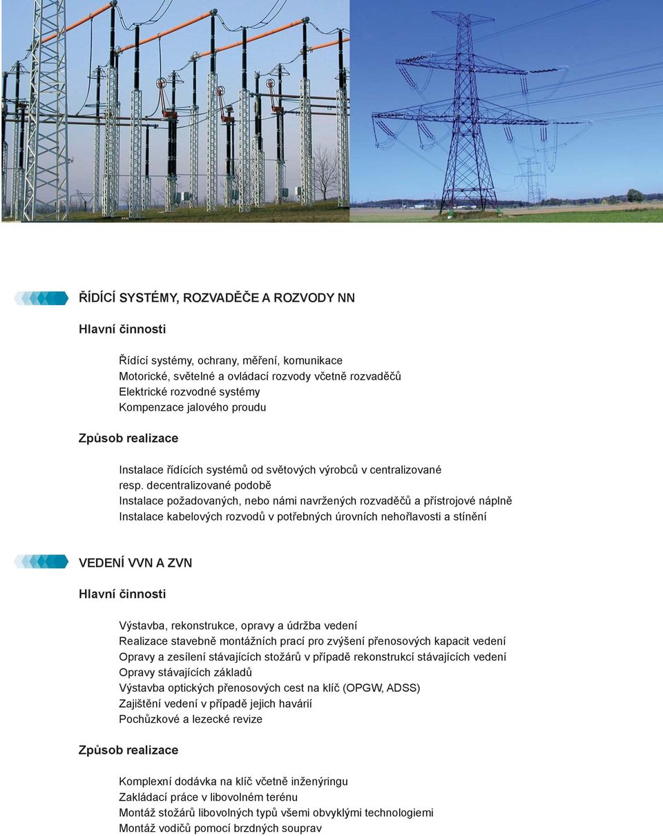 decentralizované podobě Instalace požadovaných, nebo námi navržených rozvaděčů a přístrojové náplně Instalace kabelových rozvodů v potřebných úrovních nehořlavosti a stínění VEDENÍ VVN A ZVN