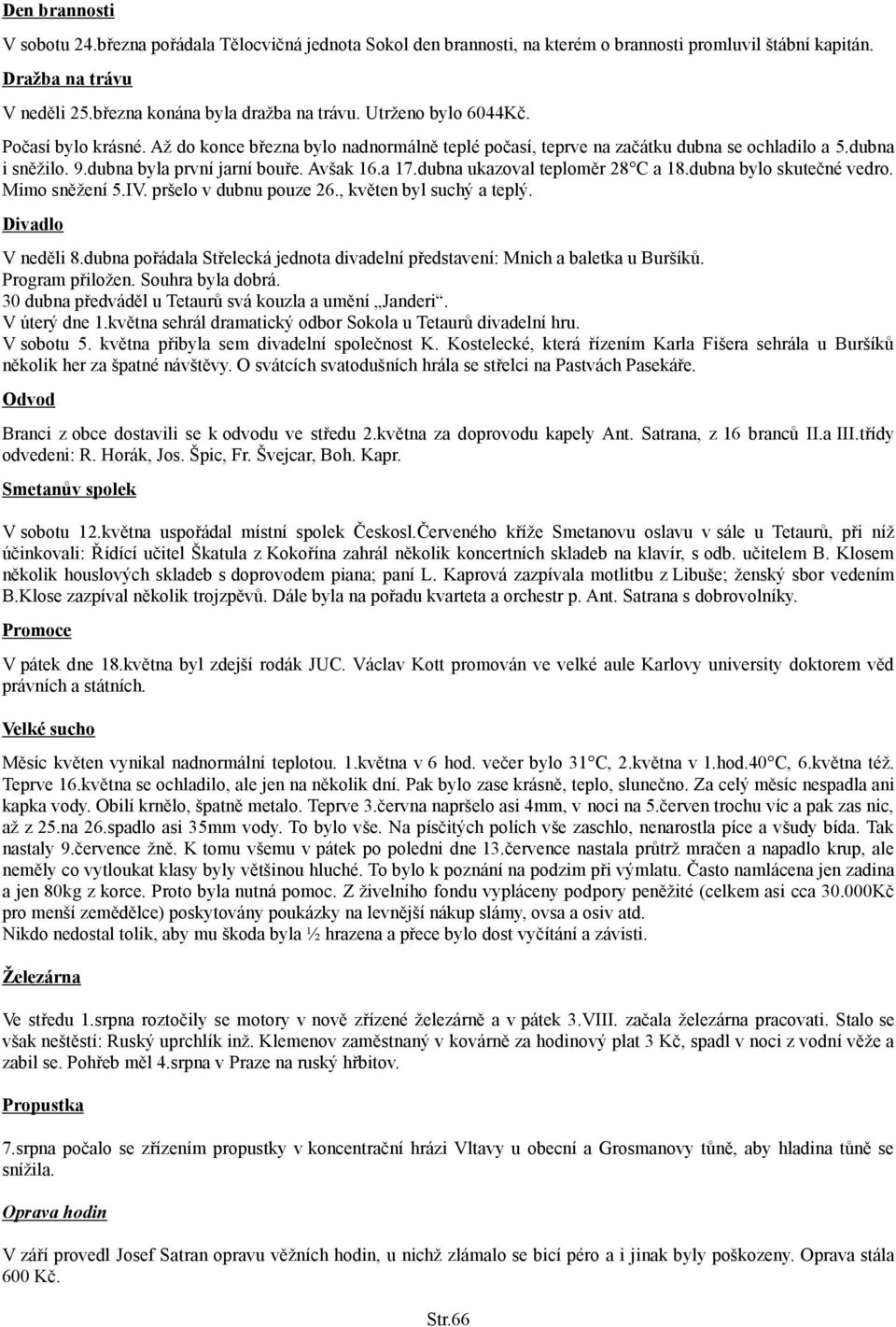 dubna ukazoval teploměr 28 C a 18.dubna bylo skutečné vedro. Mimo sněžení 5.IV. pršelo v dubnu pouze 26., květen byl suchý a teplý. Divadlo V neděli 8.