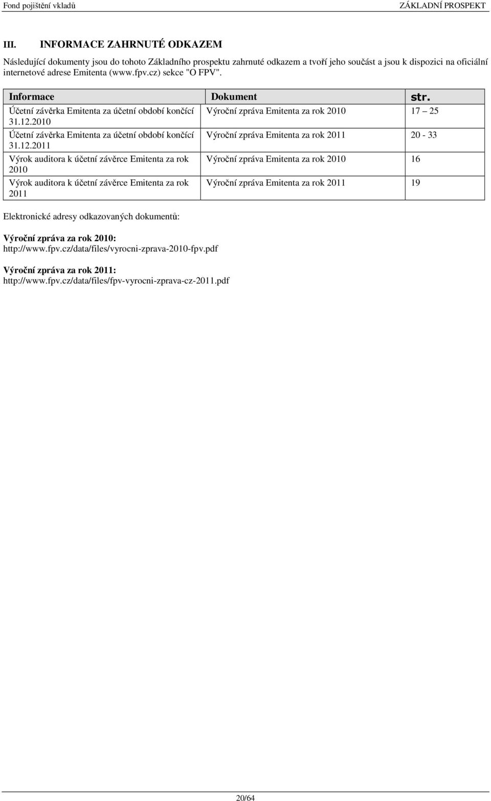 2010 Účetní závěrka Emitenta za účetní období končící Výroční zpráva Emitenta za rok 2011 20-33 31.12.