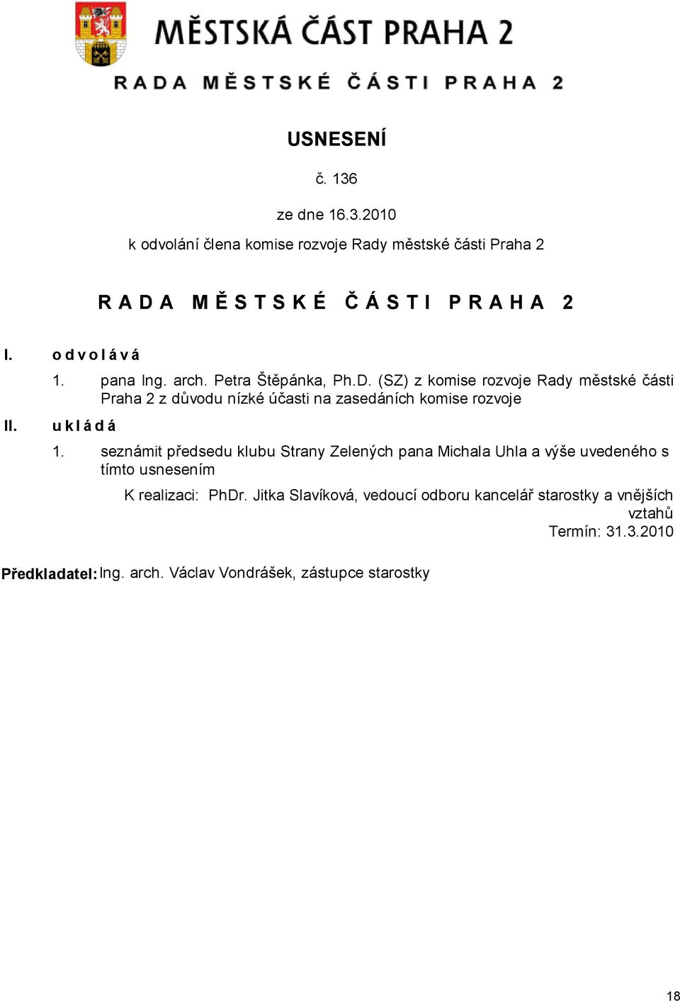 seznámit předsedu klubu Strany Zelených pana Michala Uhla a výše uvedeného s tímto usnesením K realizaci: PhDr.