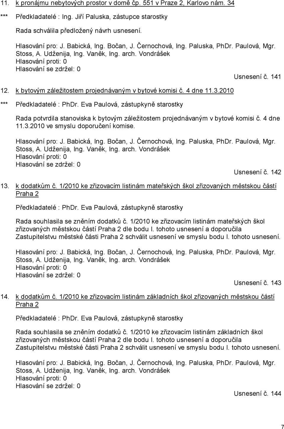 4 dne 11.3.2010 *** Předkladatelé : PhDr. Eva Paulová, zástupkyně starostky Rada potvrdila stanoviska k bytovým záležitostem projednávaným v bytové komisi č. 4 dne 11.3.2010 ve smyslu doporučení komise.