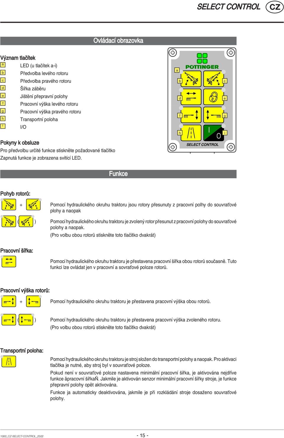 SELECT CONTROL Funkce Pohyb rotor : + PomocÌ hydraulickèho okruhu traktoru jsou rotory p esunuty z pracovnì polhy do souvraùovè plohy a naopak ( ) PomocÌ hydraulickèho okruhu traktoru je zvolen rotor