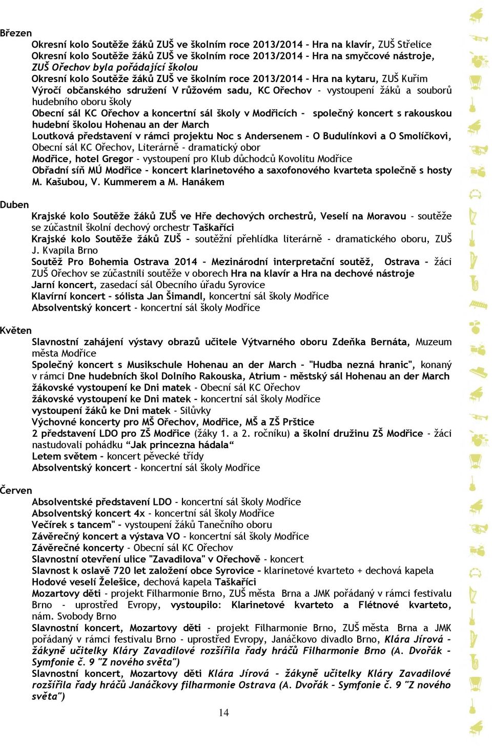 školy Obecní sál KC Ořechov a koncertní sál školy v Modřicích - společný koncert s rakouskou hudební školou Hohenau an der March Loutková představení v rámci projektu Noc s Andersenem - O Budulínkovi