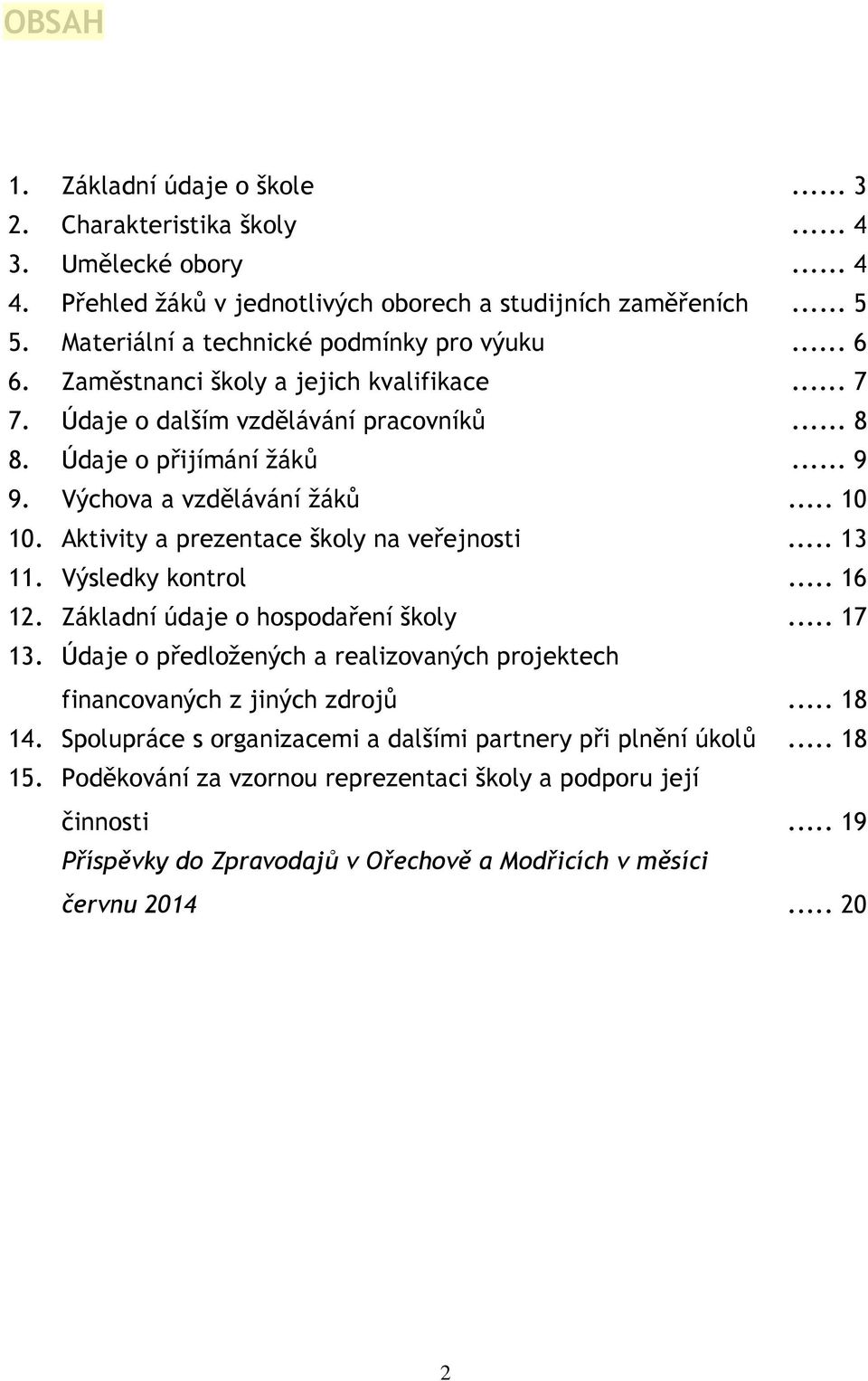 .. 10 10. Aktivity a prezentace školy na veřejnosti... 13 11. Výsledky kontrol... 16 12. Základní údaje o hospodaření školy... 17 13.