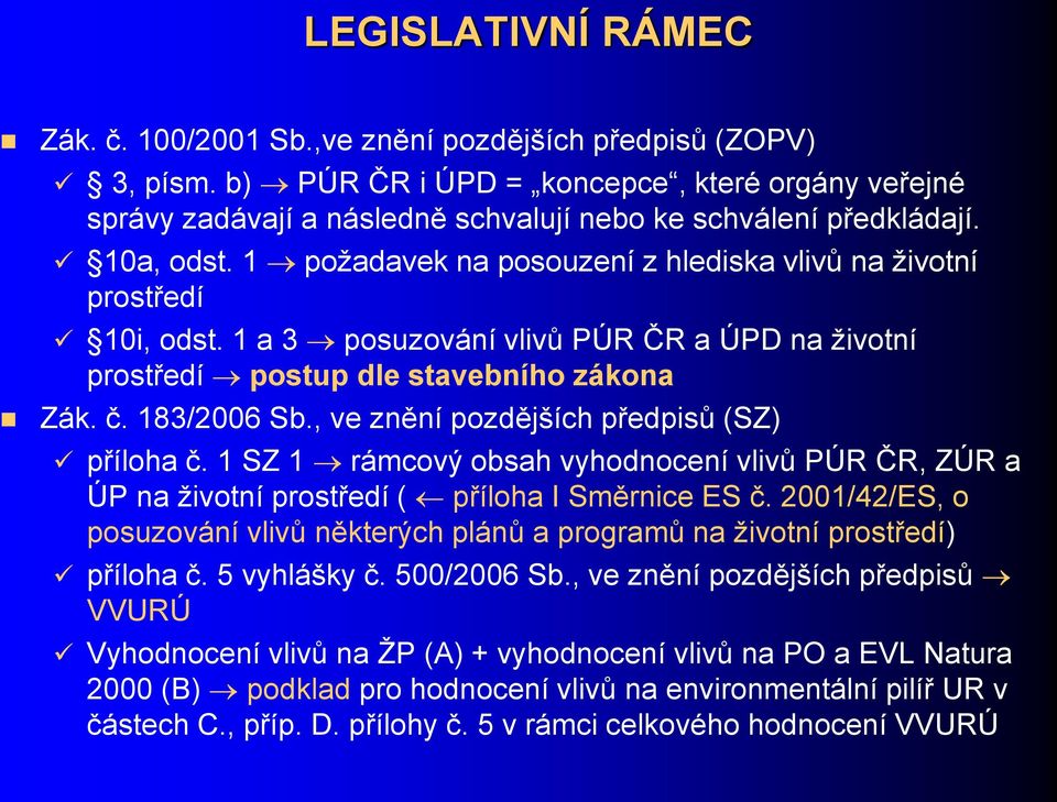 1 požadavek na posouzení z hlediska vlivů na životní prostředí 10i, odst. 1 a 3 posuzování vlivů PÚR ČR a ÚPD na životní prostředí postup dle stavebního zákona Zák. č. 183/2006 Sb.