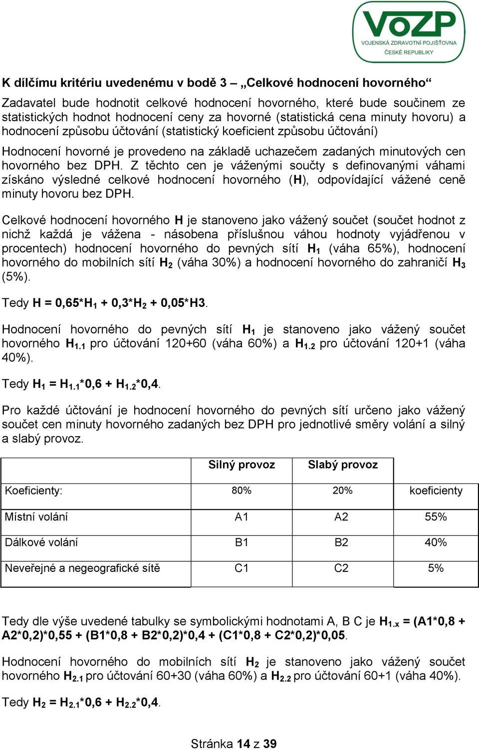 Z těchto cen je váţenými součty s definovanými váhami získáno výsledné celkové hodnocení hovorného (H), odpovídající váţené ceně minuty hovoru bez DPH.