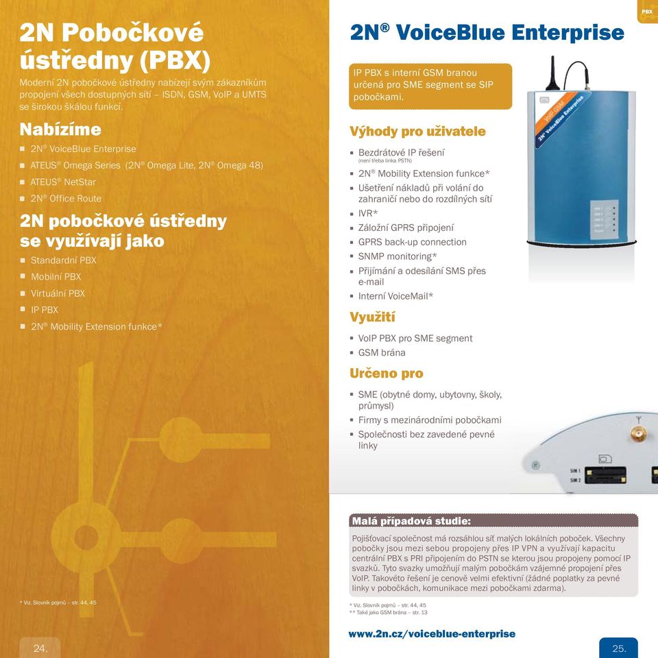 PBX 2N Mobility Ex tens ion funkce* 2N VoiceBlue Enterprise IP PBX s interní GSM branou určená pro SME segment se SIP pobočkami.