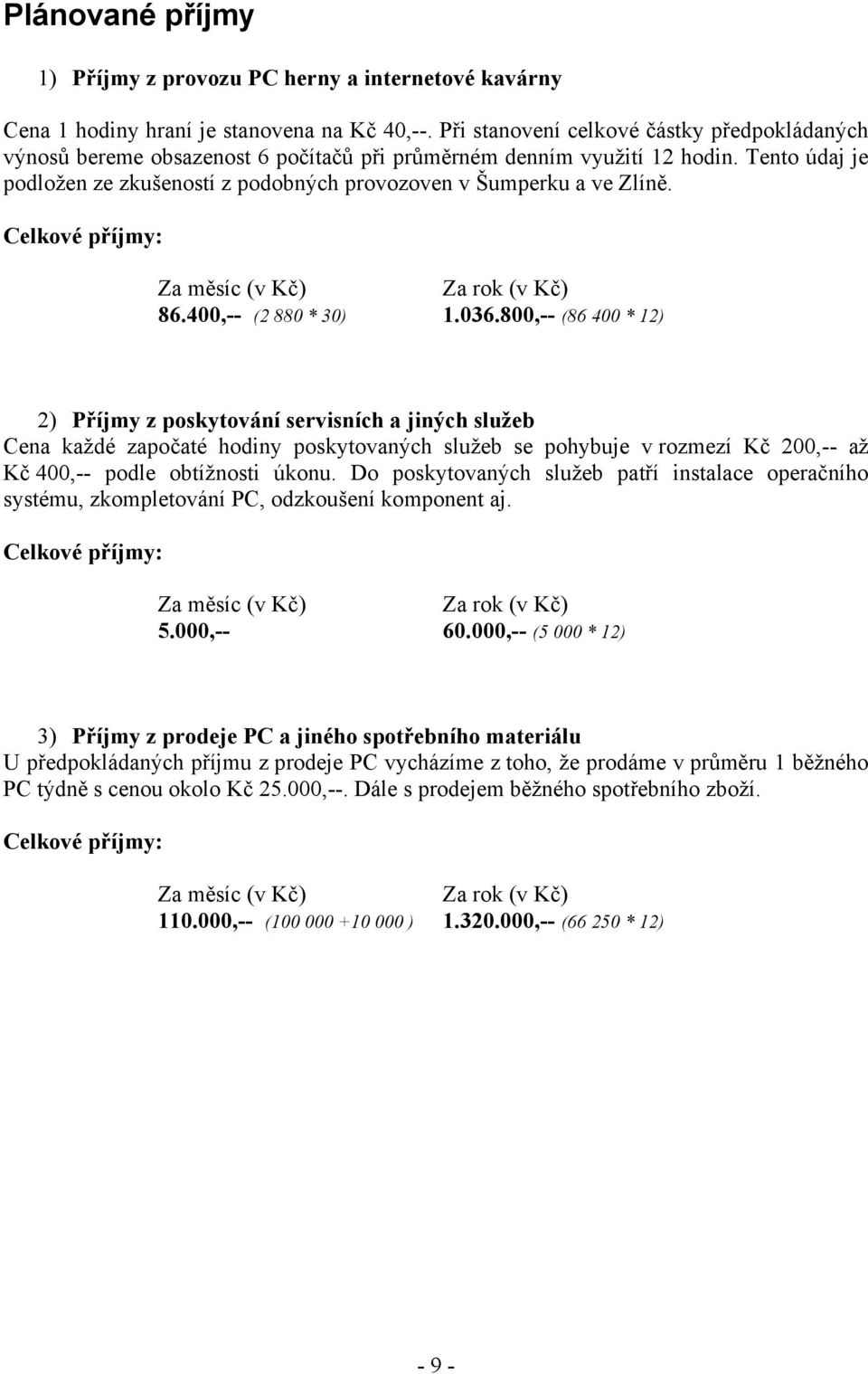 Tento údaj je podložen ze zkušeností z podobných provozoven v Šumperku a ve Zlíně. Celkové příjmy: Za měsíc (v Kč) Za rok (v Kč) 86.400,-- (2 880 * 30) 1.036.