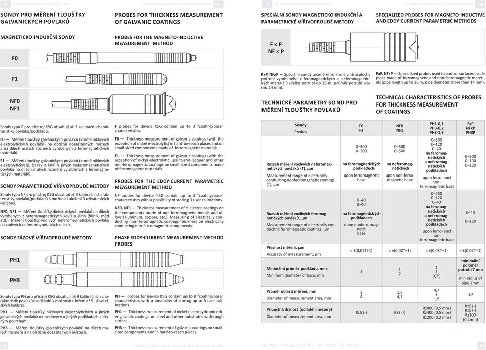 METHODS MAGNETICKO-INDUKČNÍ SONDY F0 PROBES FOR THE MAGNETO-INDUCTIVE MEASUREMENT METHOD F P NF P F1 FxP, NFxP Speciální sondy určené ke kontrole vnitřní plochy potrubí vyrobeného z feromagnetických