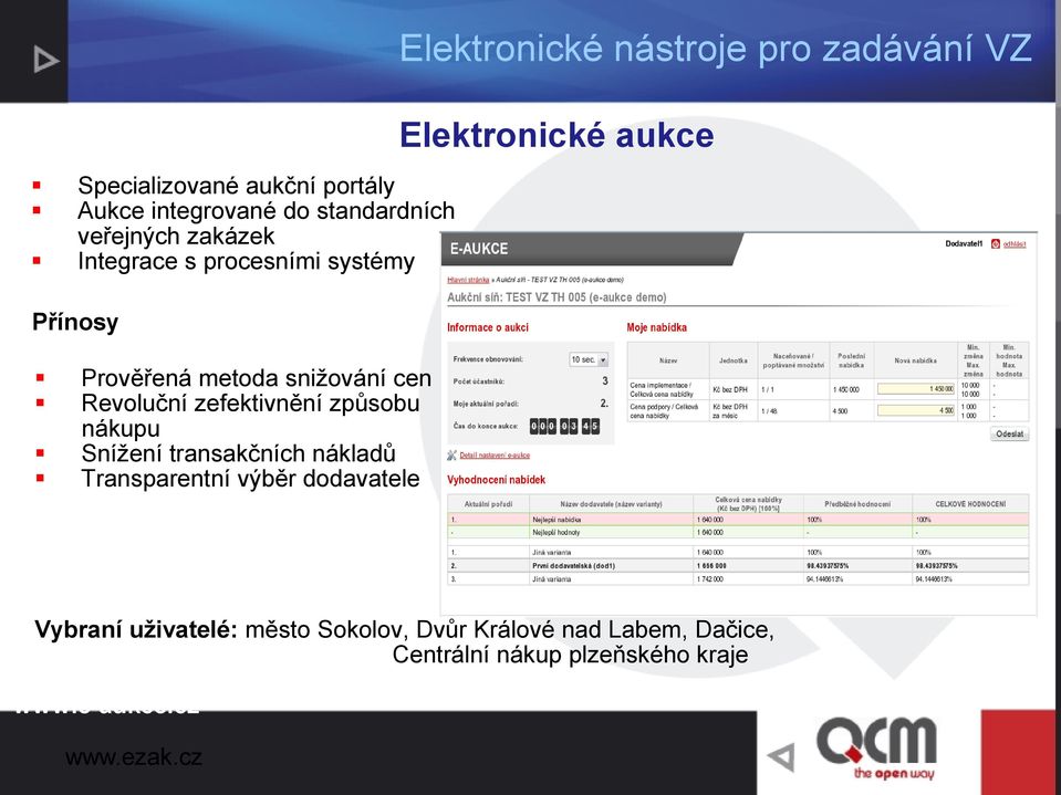 zefektivnění způsobu nákupu Snížení transakčních nákladů Transparentní výběr dodavatele Vybraní