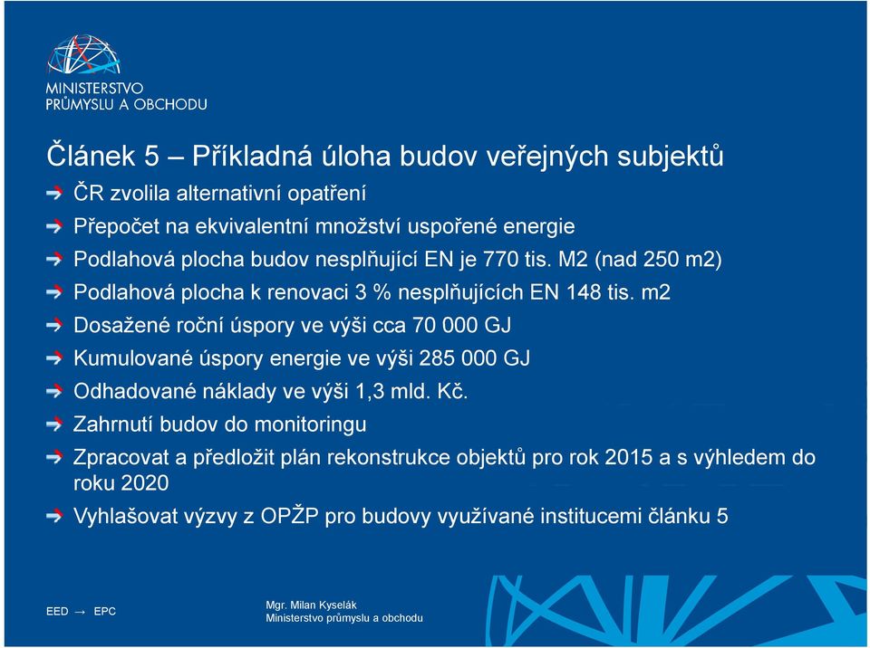 m2 Dosažené roční úspory ve výši cca 70 000 GJ Kumulované úspory energie ve výši 285 000 GJ Odhadované náklady ve výši 1,3 mld. Kč.