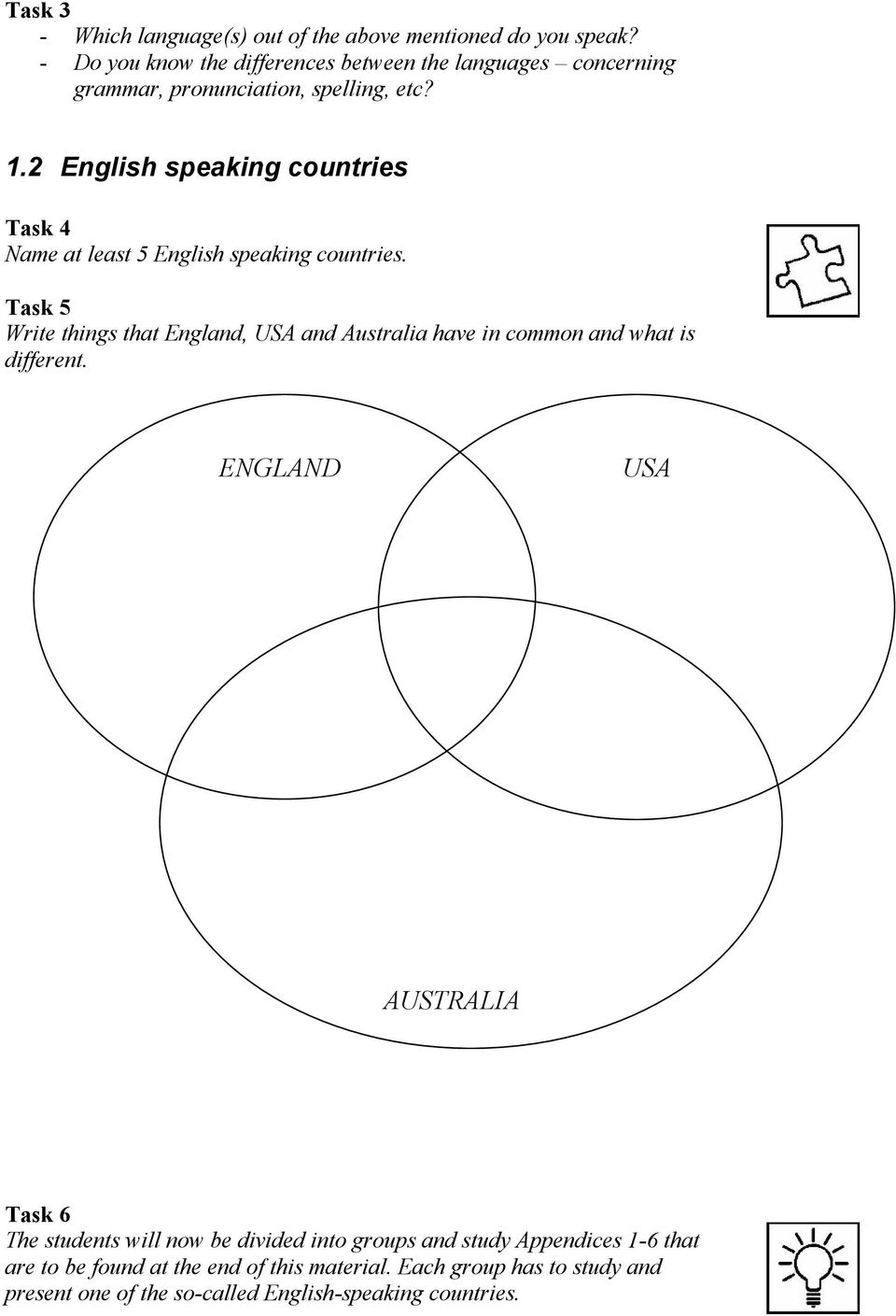 2 English speaking countries Task 4 Name at least 5 English speaking countries.