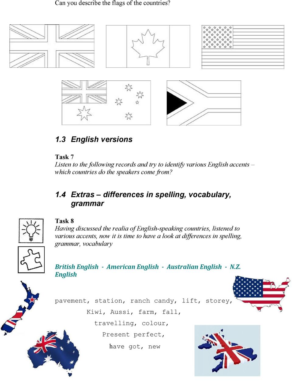 4 Extras differences in spelling, vocabulary, grammar Task 8 Having discussed the realia of English-speaking countries, listened to various accents, now