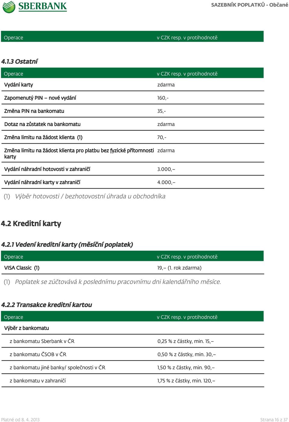 2.1 Vedení kreditní karty (měsíční poplatek) VISA Classic (1) 19, (1. rok ) (1) Poplatek se zúčtovává k poslednímu pracovnímu dni kalendářního měsíce. 4.2.2 Transakce kreditní kartou Výběr z bankomatu z bankomatu Sberbank v ČR 0,25 % z částky, min.