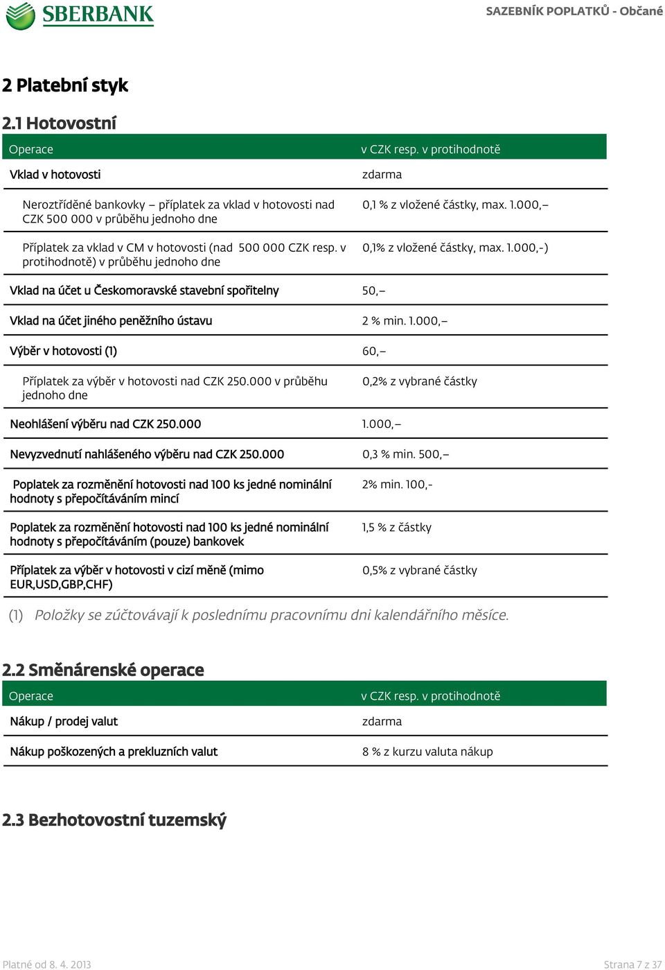 1.000, Výběr v hotovosti (1) 60, Příplatek za výběr v hotovosti nad CZK 250.000 v průběhu jednoho dne 0,2% z vybrané částky Neohlášení výběru nad CZK 250.000 1.