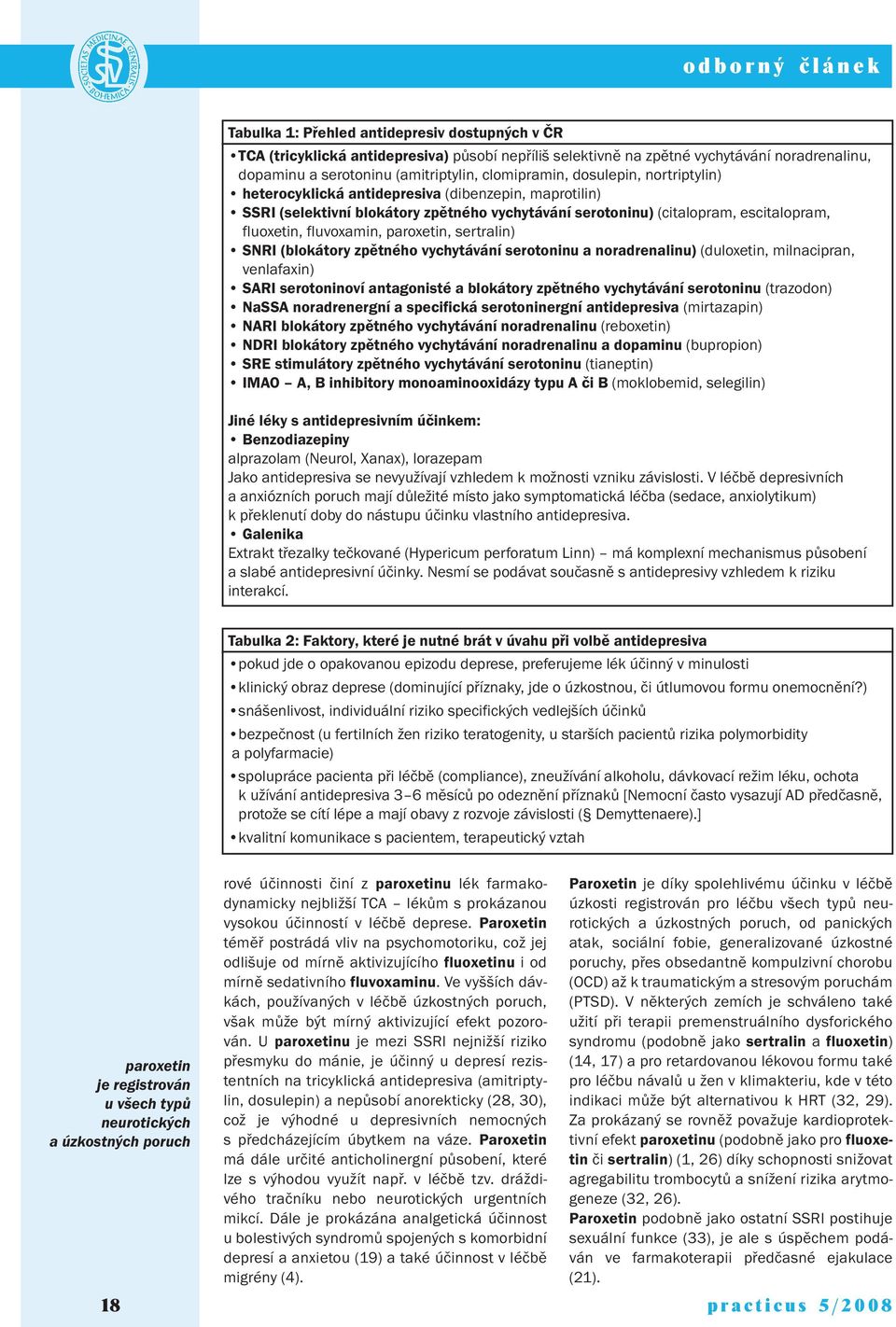 fluoxetin, fluvoxamin, paroxetin, sertralin) SNRI (blokátory zpětného vychytávání serotoninu a noradrenalinu) (duloxetin, milnacipran, venlafaxin) SARI serotoninoví antagonisté a blokátory zpětného