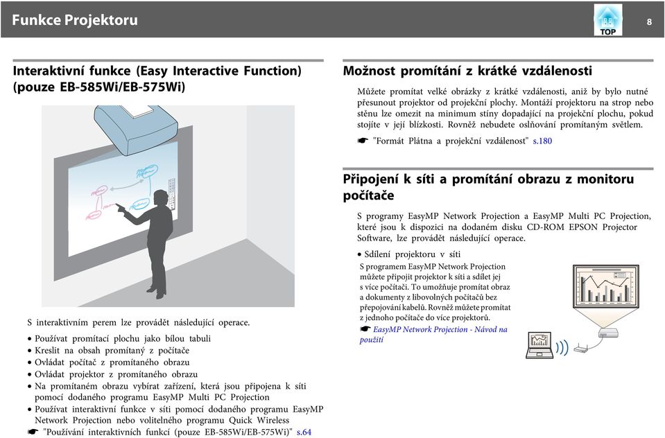 Rovněž nebudete oslňování promítným světlem. s "Formát Plátn projekční vzdálenost" s.180 Připojení k síti promítání obrzu z monitoru počítče S interktivním perem lze provádět následující operce.