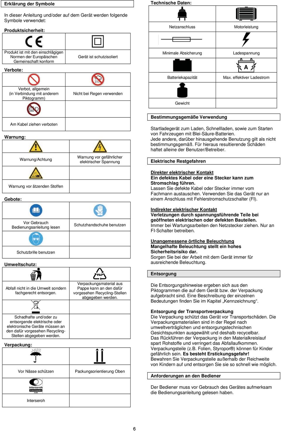 effektiver Ladestrom Verbot, allgemein (in Verbindung mit anderem Piktogramm) Nicht bei Regen verwenden Gewicht Am Kabel ziehen verboten Warnung: Warnung/Achtung Warnung vor ätzenden Stoffen Gebote: