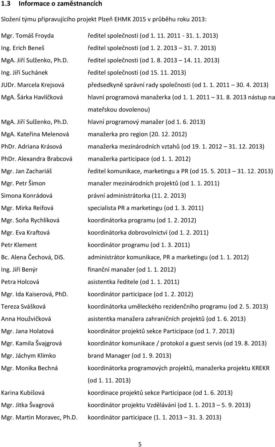 Marcela Krejsová předsedkyně správní rady společnosti (od 1. 1. 2011 30. 4. 2013) MgA. Šárka Havlíčková hlavní programová manažerka (od 1. 1. 2011 31. 8. 2013 nástup na mateřskou dovolenou) MgA.