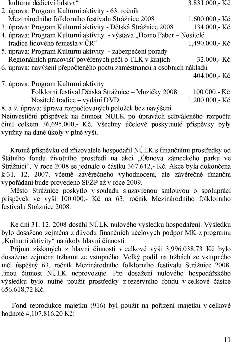 úprava: Program Kulturní aktivity - zabezpečení porady Regionálních pracovišť pověřených péčí o TLK v krajích 32.000,- Kč 6. úprava: navýšení přepočteného počtu zaměstnanců a osobních nákladů 404.