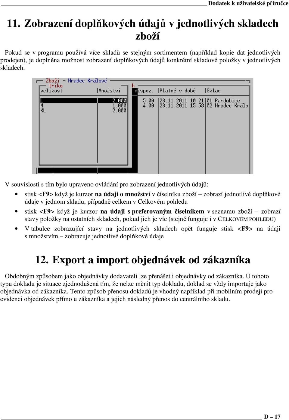 doplňkových údajů konkrétní skladové položky v jednotlivých skladech.