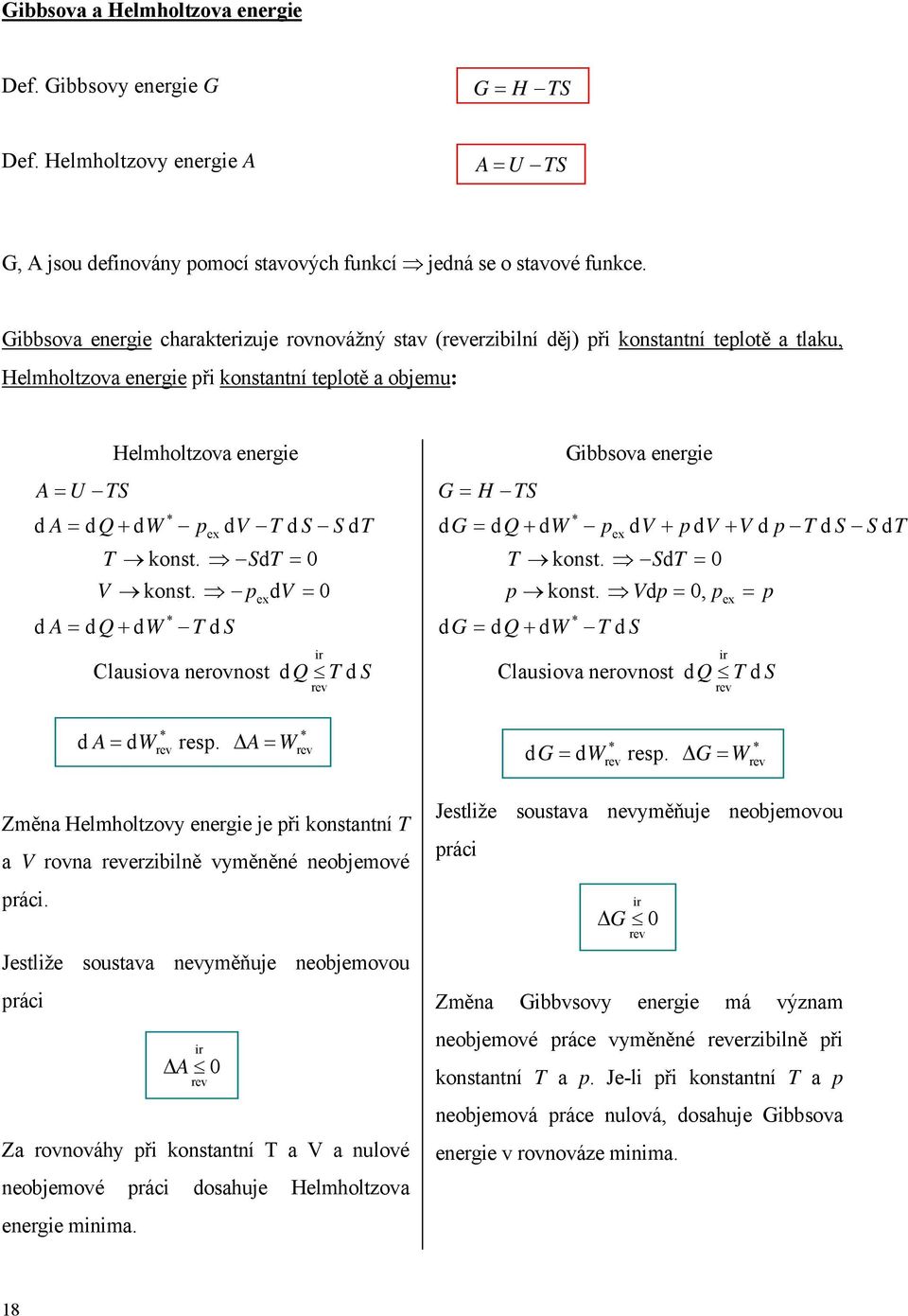 Q W st. 0 0 Clausiova nerovnost Q ibbsova energie H Q W st. 0, Q W st. 0 Clausiova nerovnost Q W res. W W res. W Změna Helmholtzovy energie je ři stantní a rovna erzibilně vyměněné neobjemové ráci.