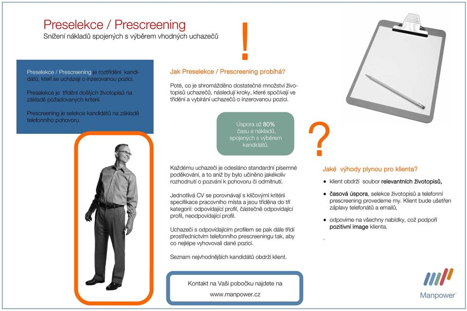 Jak Preselekce / Prescreening probíhá Poté, co je shromážděno dostatečné množství životopisů uchazečů, následují kroky, které spočívají ve třídění a vybírání uchazečů o inzerovanou pozici.