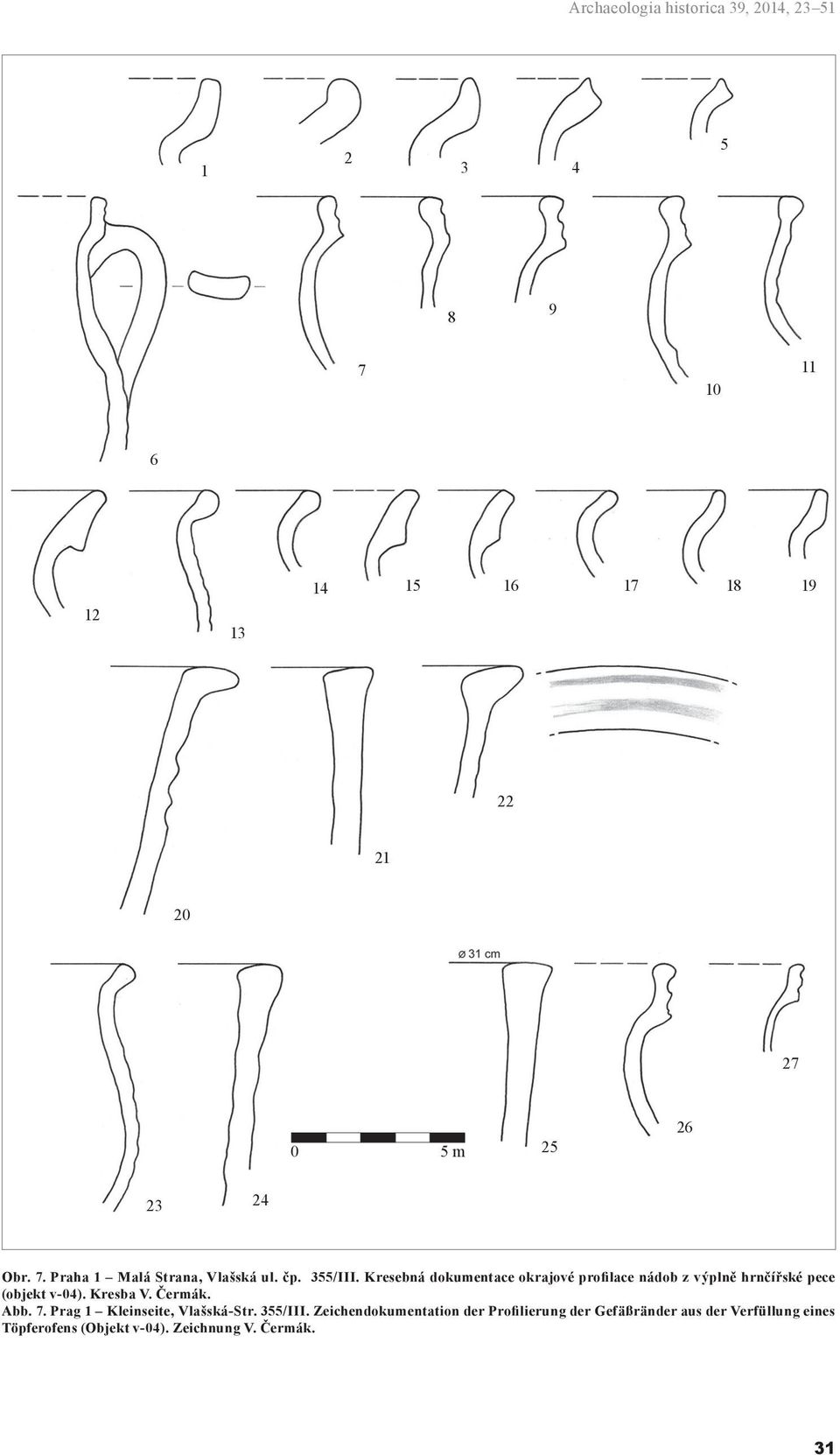 Kresebná dokumentace okrajové profilace nádob z výplně hrnčířské pece (objekt v-04). Kresba V. Čermák. Abb. 7.