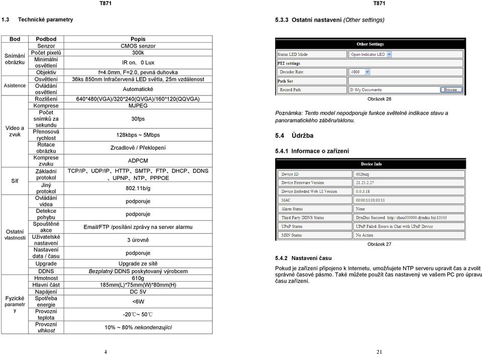 za 30fps sekundu Video a zvuk Přenosová 128kbps ~ 5Mbps rychlost Rotace Zrcadlově / Překlopení obrázku Komprese ADPCM zvuku Základní TCP/IP UDP/IP HTTP SMTP FTP DHCP DDNS protokol UPNP NTP PPPOE Síť
