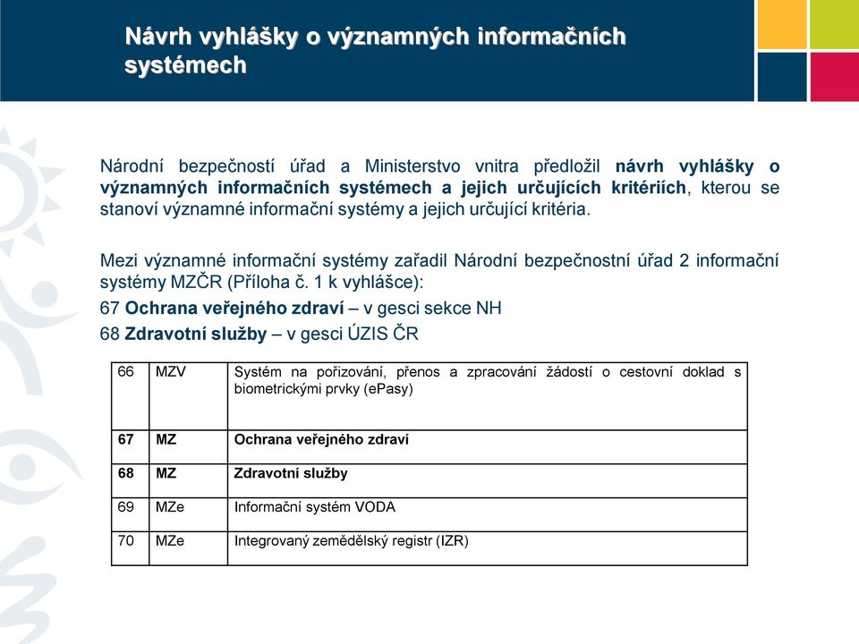 Mezi významné informační systémy zařadil Národní bezpečnostní úřad 2 informační systémy MZČR (Příloha č.