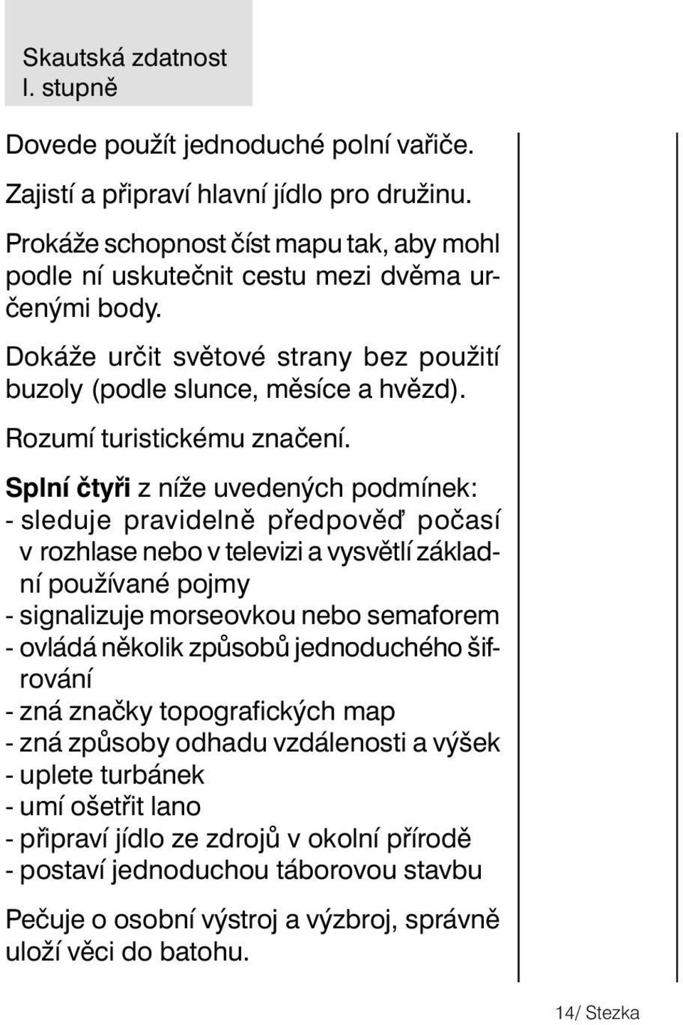 Splní čtyři z níže uvedených podmínek: - sleduje pravidelně předpově počasí v rozhlase nebo v televizi a vysvětlí základní používané pojmy - signalizuje morseovkou nebo semaforem - ovládá několik