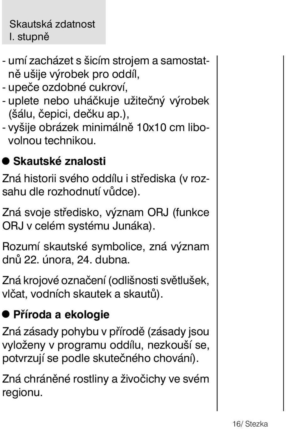 Zná svoje středisko, význam ORJ (funkce ORJ v celém systému Junáka). Rozumí skautské symbolice, zná význam dnů 22. února, 24. dubna.