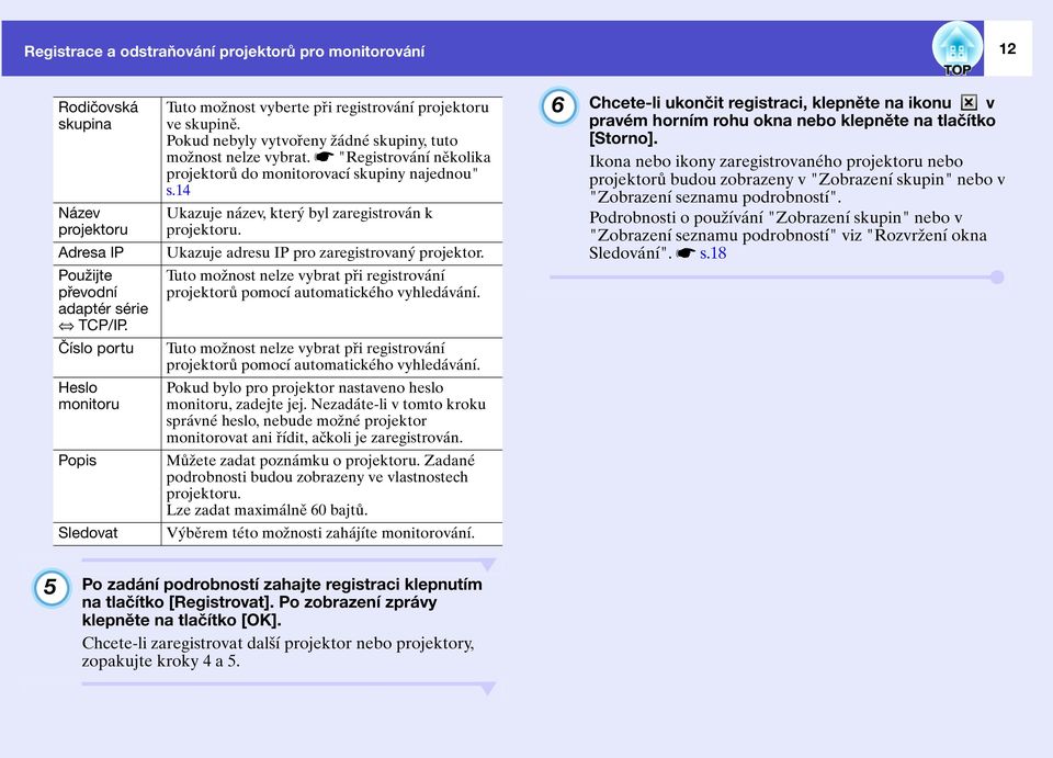 s"registrování několika projektorů do monitorovací skupiny najednou" s.14 Ukazuje název, který byl zaregistrován k projektoru. Ukazuje adresu IP pro zaregistrovaný projektor.