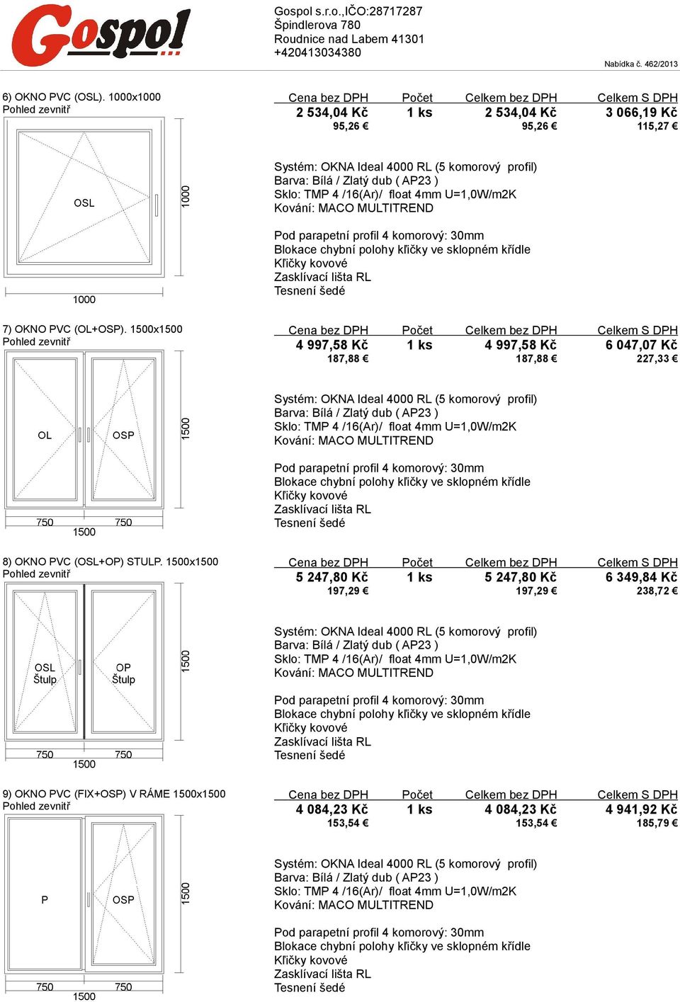 1500x1500 4 997,58 Kč 1 ks 4 997,58 Kč 6 047,07 Kč 187,88 187,88 227,33 8) OKNO PVC (OSL+OP)