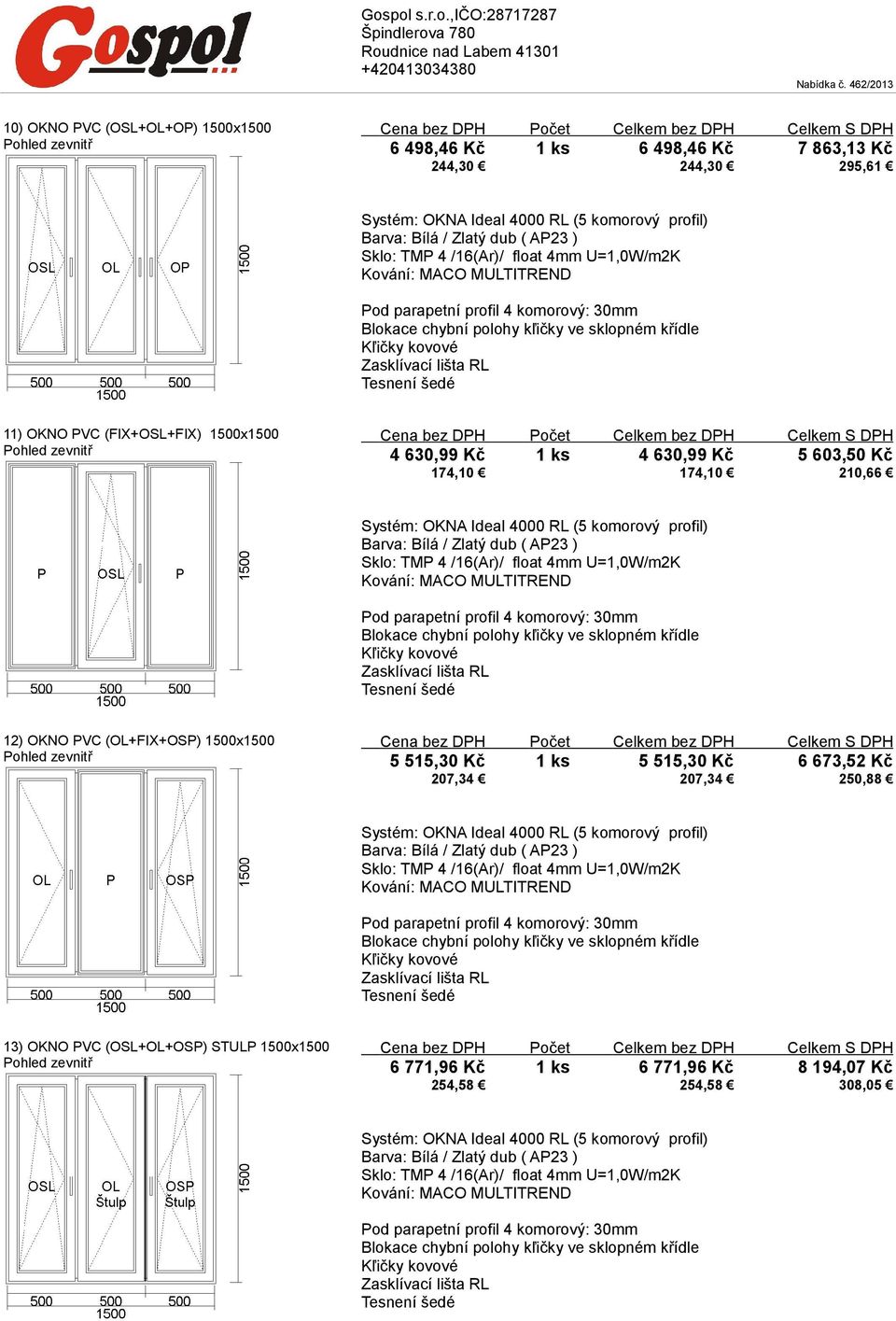 12) OKNO PVC (OL+FIX+OSP) 1500x1500 5 515,30 Kč 1 ks 5 515,30 Kč 6 673,52 Kč 207,34 207,34 250,88