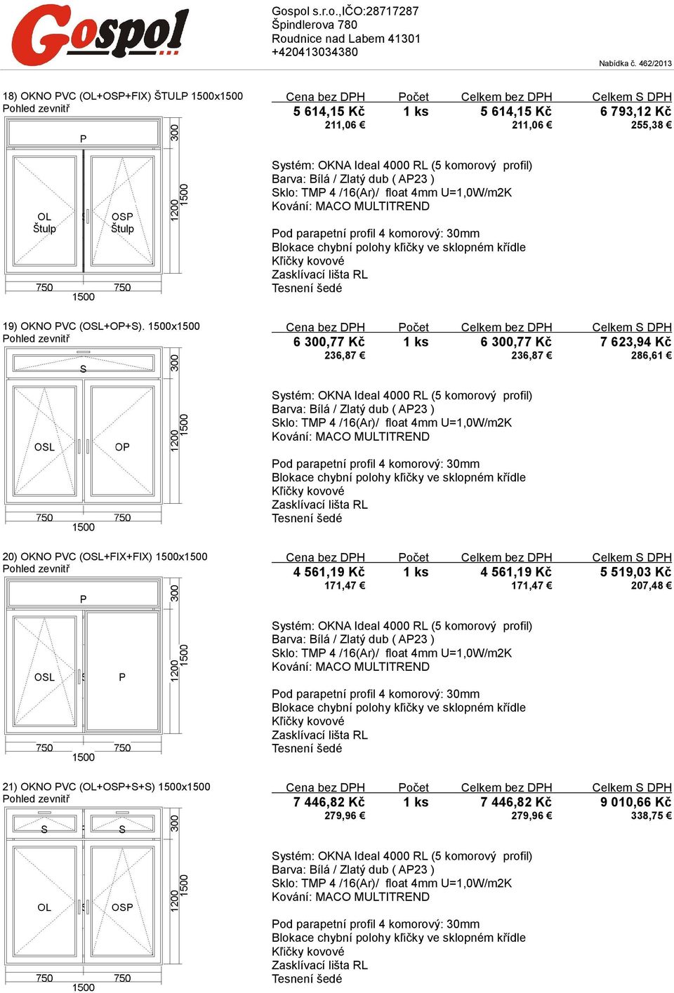 1500x1500 6 300,77 Kč 1 ks 6 300,77 Kč 7 623,94 Kč 236,87 236,87 286,61 20) OKNO PVC (OSL+FIX+FIX)