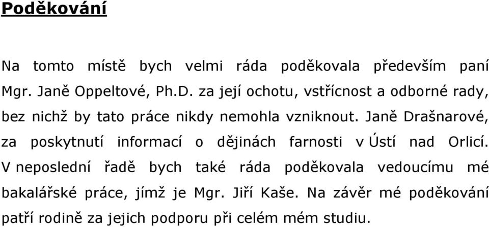 Janě Drašnarové, za poskytnutí informací o dějinách farnosti v Ústí nad Orlicí.