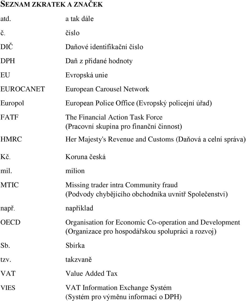 (Pracovní skupina pro finanční činnost) Her Majesty's Revenue and Customs (Daňová a celní správa) Koruna česká milion Missing trader intra Community fraud (Podvody chybějícího