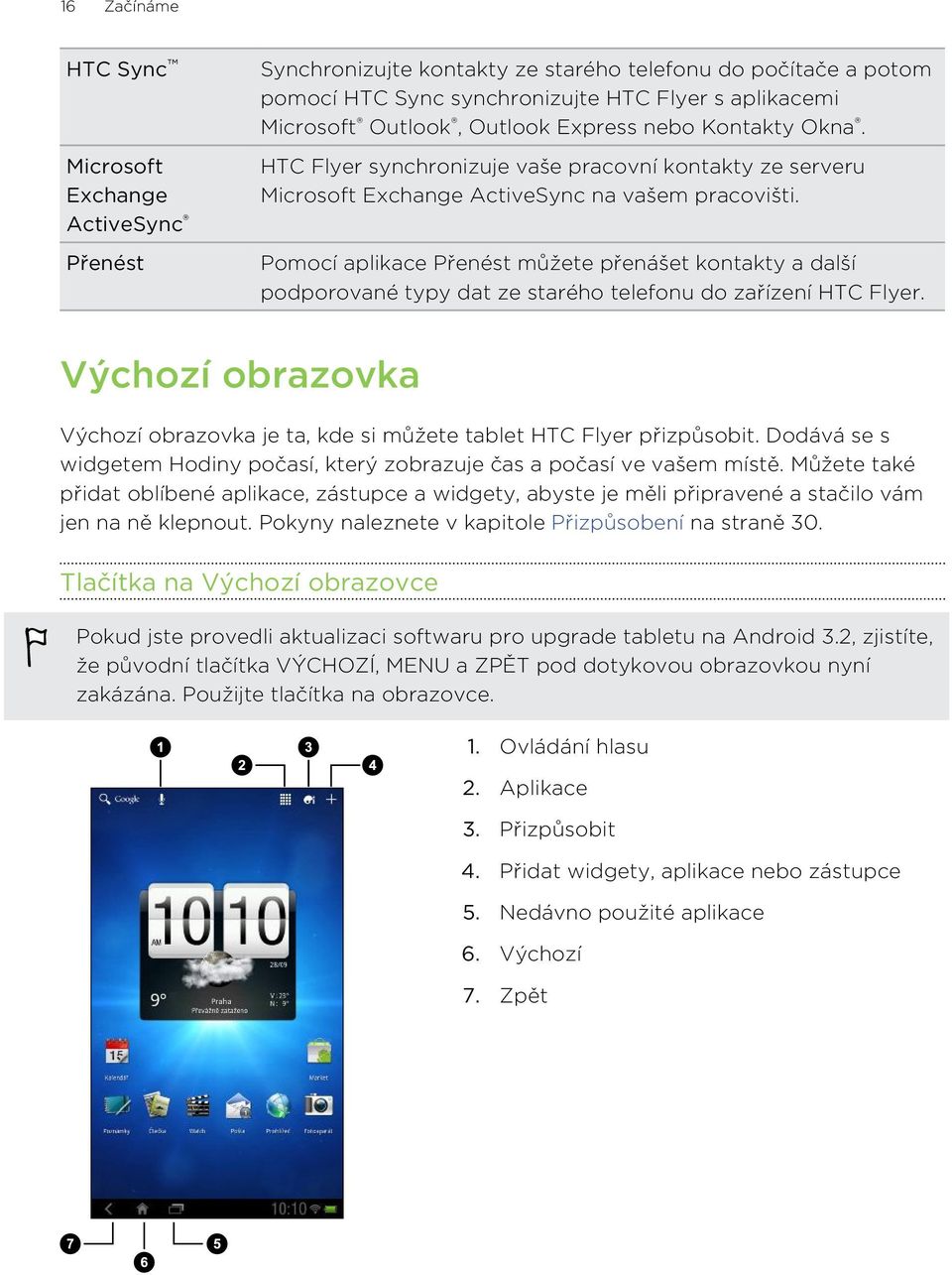 Pomocí aplikace Přenést můžete přenášet kontakty a další podporované typy dat ze starého telefonu do zařízení HTC Flyer.