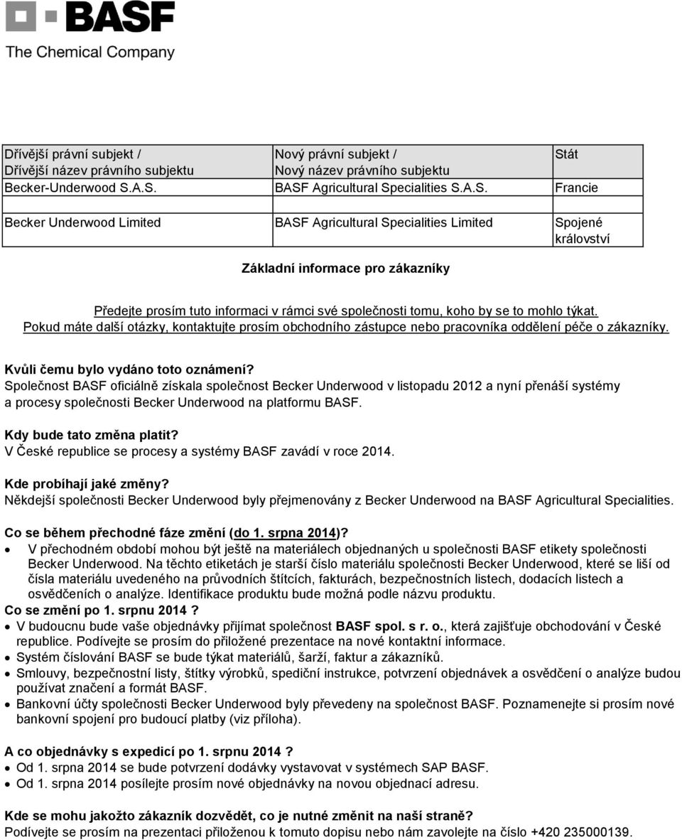 A.S. BASF Agricultural Specialities S.A.S. Francie Becker Underwood Limited BASF Agricultural Specialities Limited Spojené království Základní informace pro zákazníky Předejte prosím tuto informaci v
